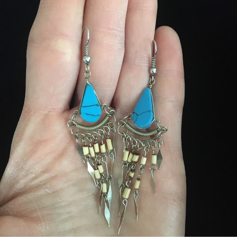 Vintage Native Turquoise Blue Hook Dangle Earrings